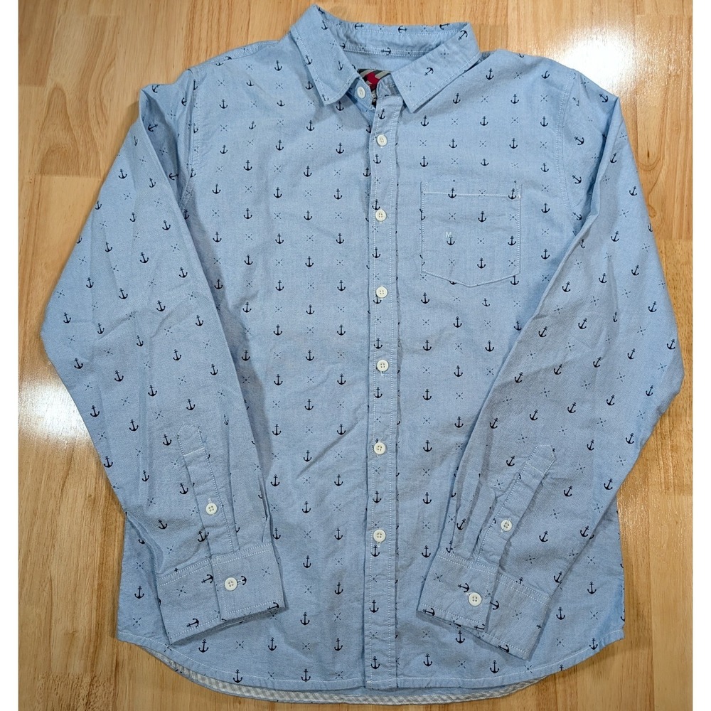 Modern Amusement Men's M Anchor Print Button Down Shirt Blue Cotton Long Sleeve